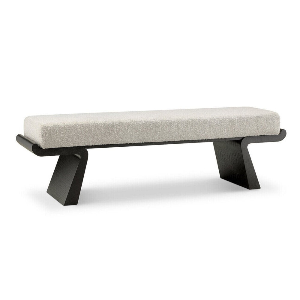 Baza Beyaz Teddy Bukle Kumaşlı Minderli Siyah Ahşap Ayaklı Hareli Bench