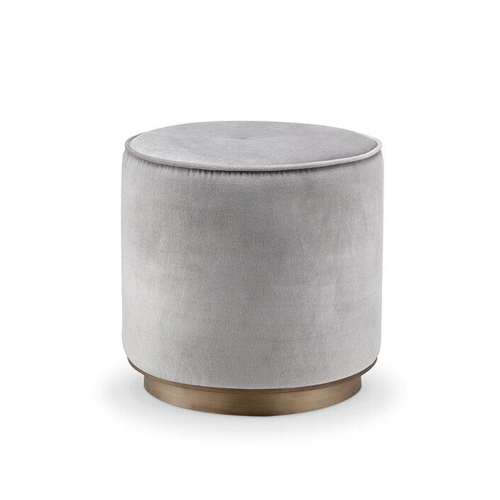Bjarke Gri Renk Süet Kumaş Döşemeli Düğme Detaylı Gold Eskitme Cilalı Metal Bazalı Yuvarlak Puf