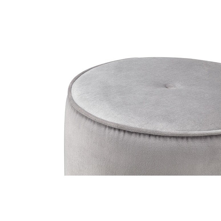 Bjarke Gri Renk Süet Kumaş Döşemeli Düğme Detaylı Gold Eskitme Cilalı Metal Bazalı Yuvarlak Puf