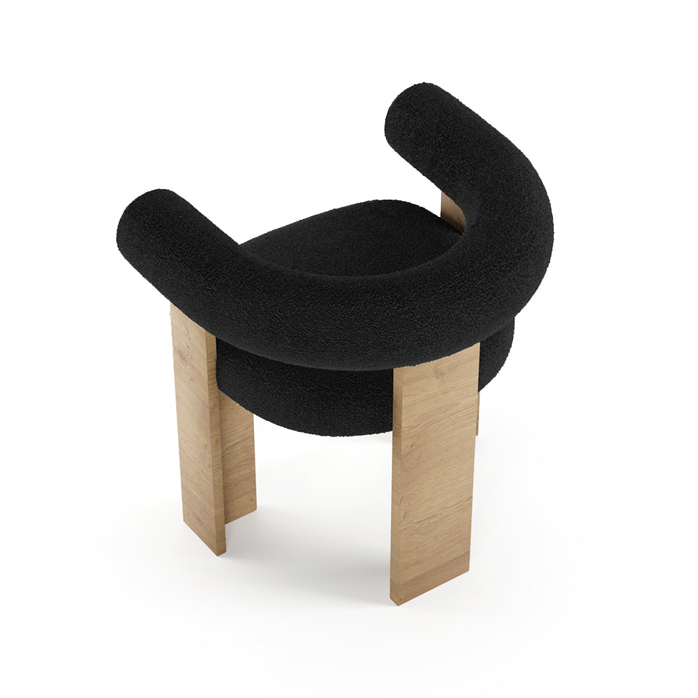 Cassette Siyah Teddy Bukle Kumaşlı Sırtı Balinli Kollu Ahşap Meşe Rengi Masif Ayaklı Sandalye