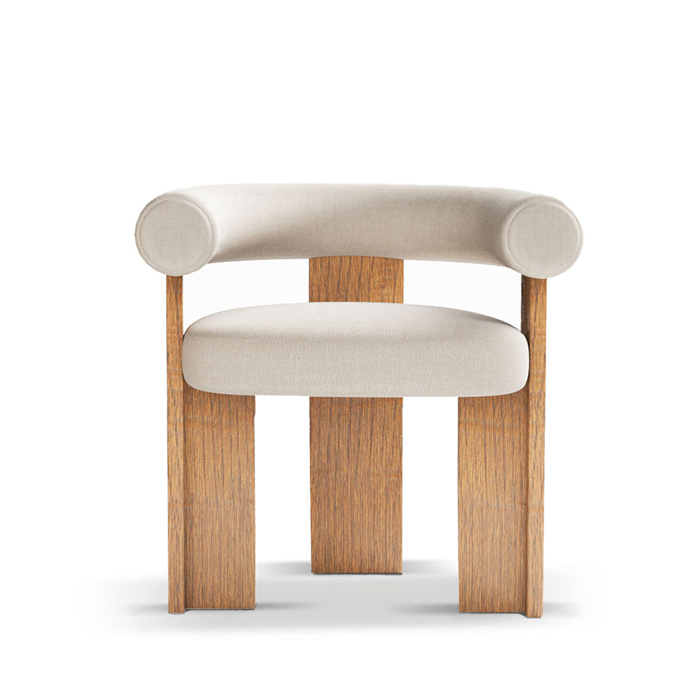 Cassette Beyaz Keten Kumaşlı Sırtı Balinli Kollu Ahşap Meşe Rengi Masif Ayaklı Sandalye