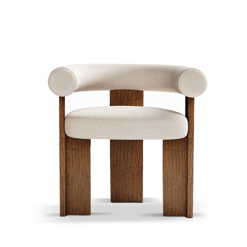 Cassette Beyaz Keten Kumaşlı Sırtı Balinli Kollu Ahşap Ceviz Rengi Masif Ayaklı Sandalye