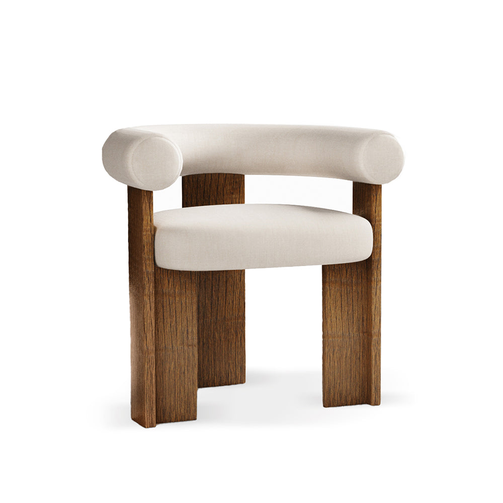 Cassette Beyaz Keten Kumaşlı Sırtı Balinli Kollu Ahşap Ceviz Rengi Masif Ayaklı Sandalye