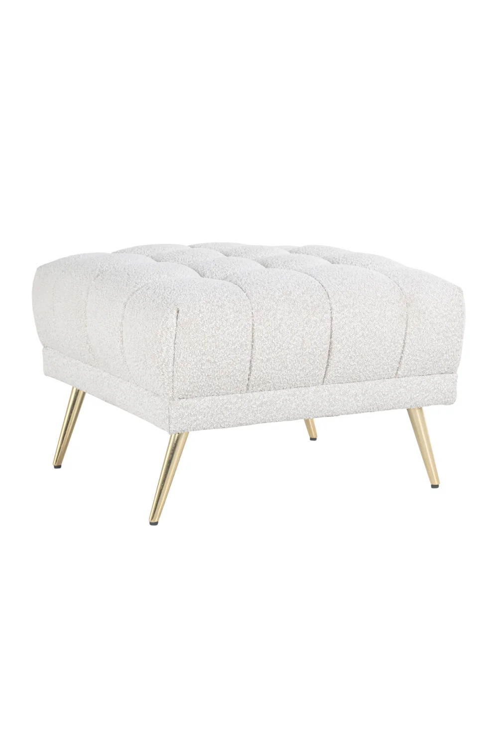 Huxley beyaz teddy bukle kumaşlı kapitoneli gold kaplama konik metal ayaklı kare puf