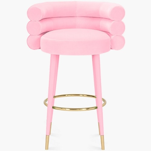 Marshmallow pembe süet kumaşlı balin detaylı metal pabuçlu ahşap lake bar sandalyesi