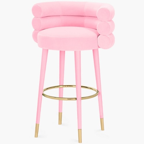 Marshmallow pembe süet kumaşlı balin detaylı metal pabuçlu ahşap lake bar sandalyesi