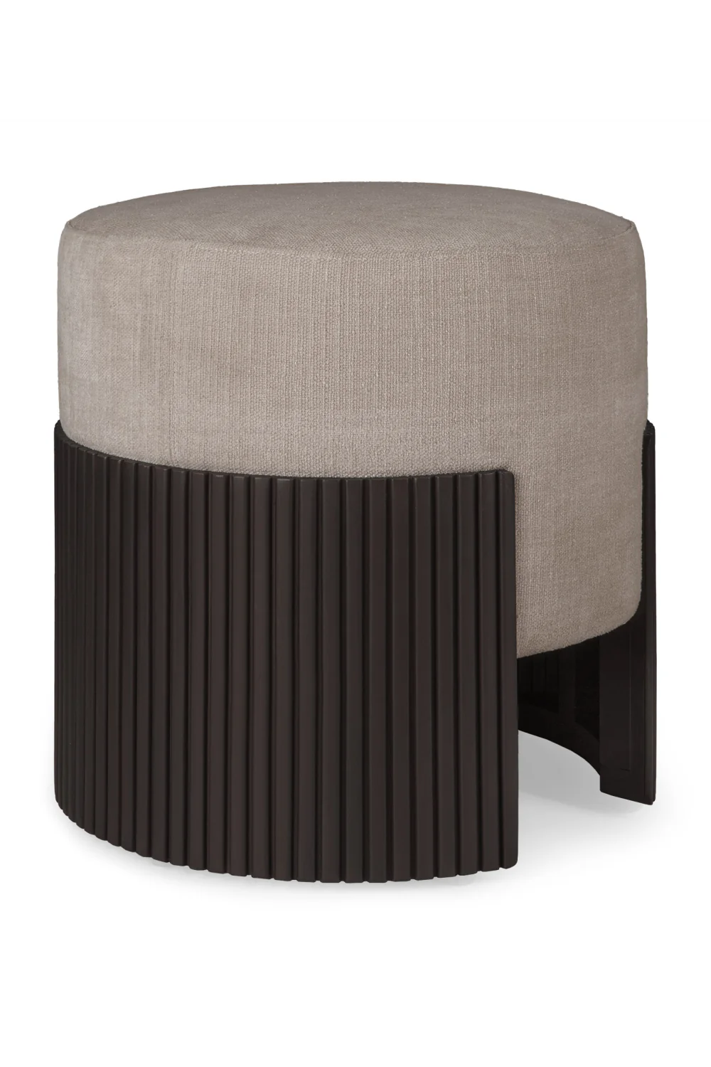 Max açık kahverengi keten kumaşlı ceviz rengi ahşap çıtalı yuvarlak puf