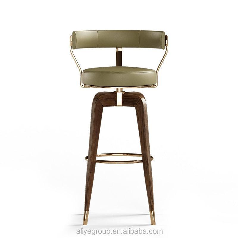 Sabini yağ yeşili suni deri dikiş detaylı ahşap ayaklı ceviz rengi cilalı pirinç detaylı bar sandalyesi