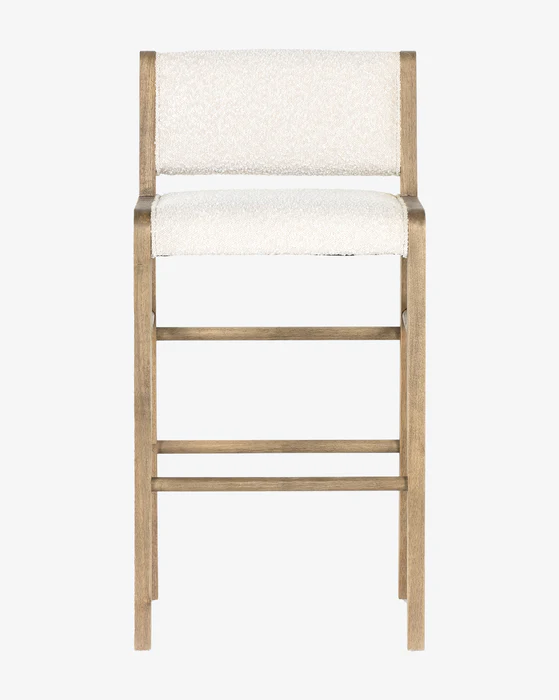 Silva beyaz teddy bukle kumaşlı natural cilalı masif ahşap ayaklı bar sandalyesi
