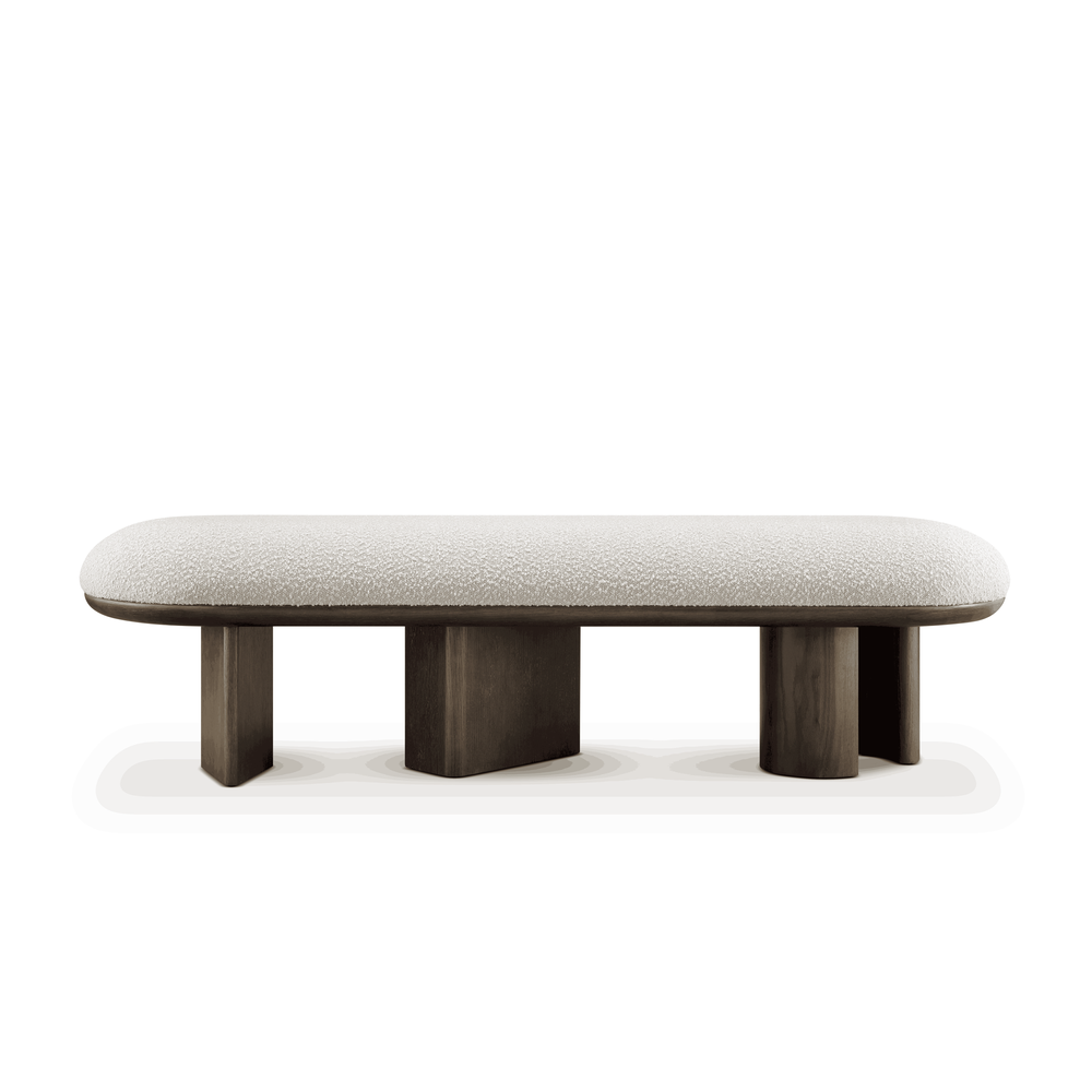 Sloan Beyaz Teddy Bukle Kumaşlı Ceviz Rengi Ahşap Ayaklı Bench