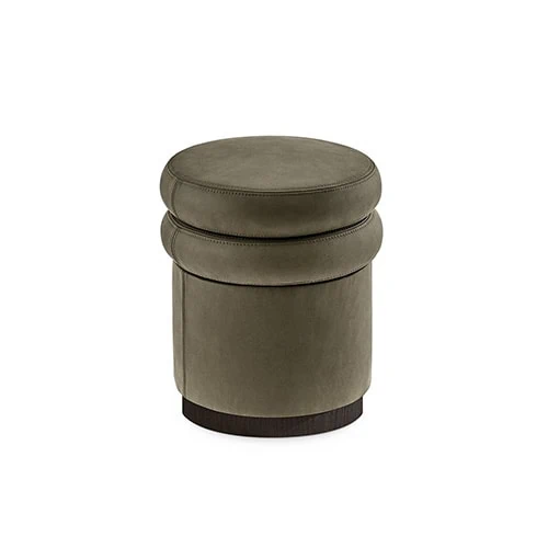 Stami Haki Rengi Süet Kumaşlı Dilimli Siyah Ahşap Bazalı Yuvarlak Puf