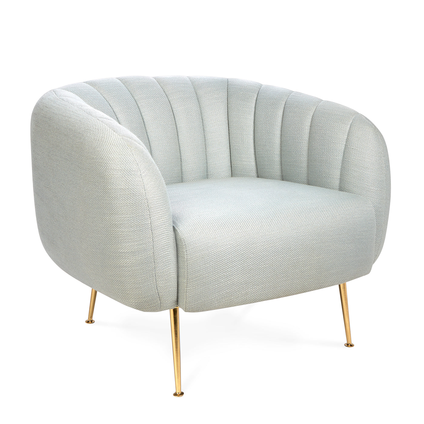 Captain Açık Gri Keten Kumaşlı Yuvarlak Formlu Dilimli Pirinç Rengi Metal Ayaklı Berjer